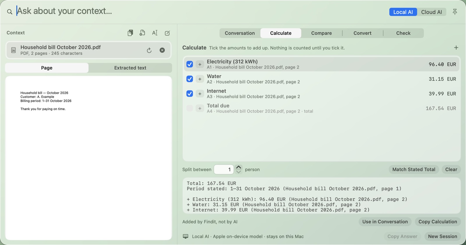 Ask Findit’s Calculate view for a household bill PDF. Electricity, water and internet charges from page 2 are ticked and add up to 167.54 EUR, the same as the bill’s Total due line.