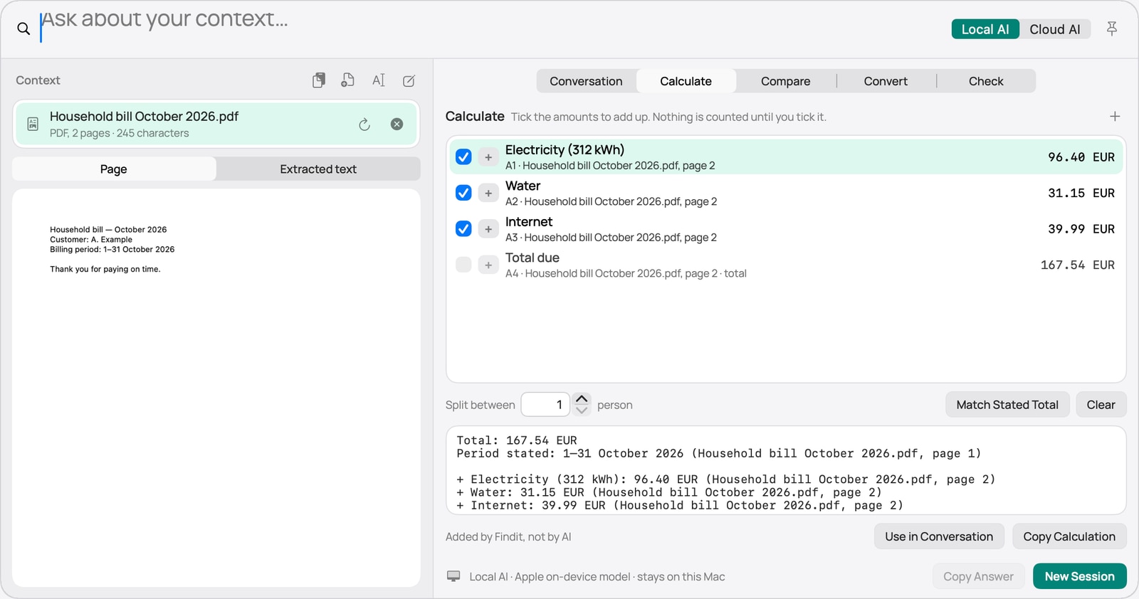 Calculate view adding ticked amounts from a bill PDF.