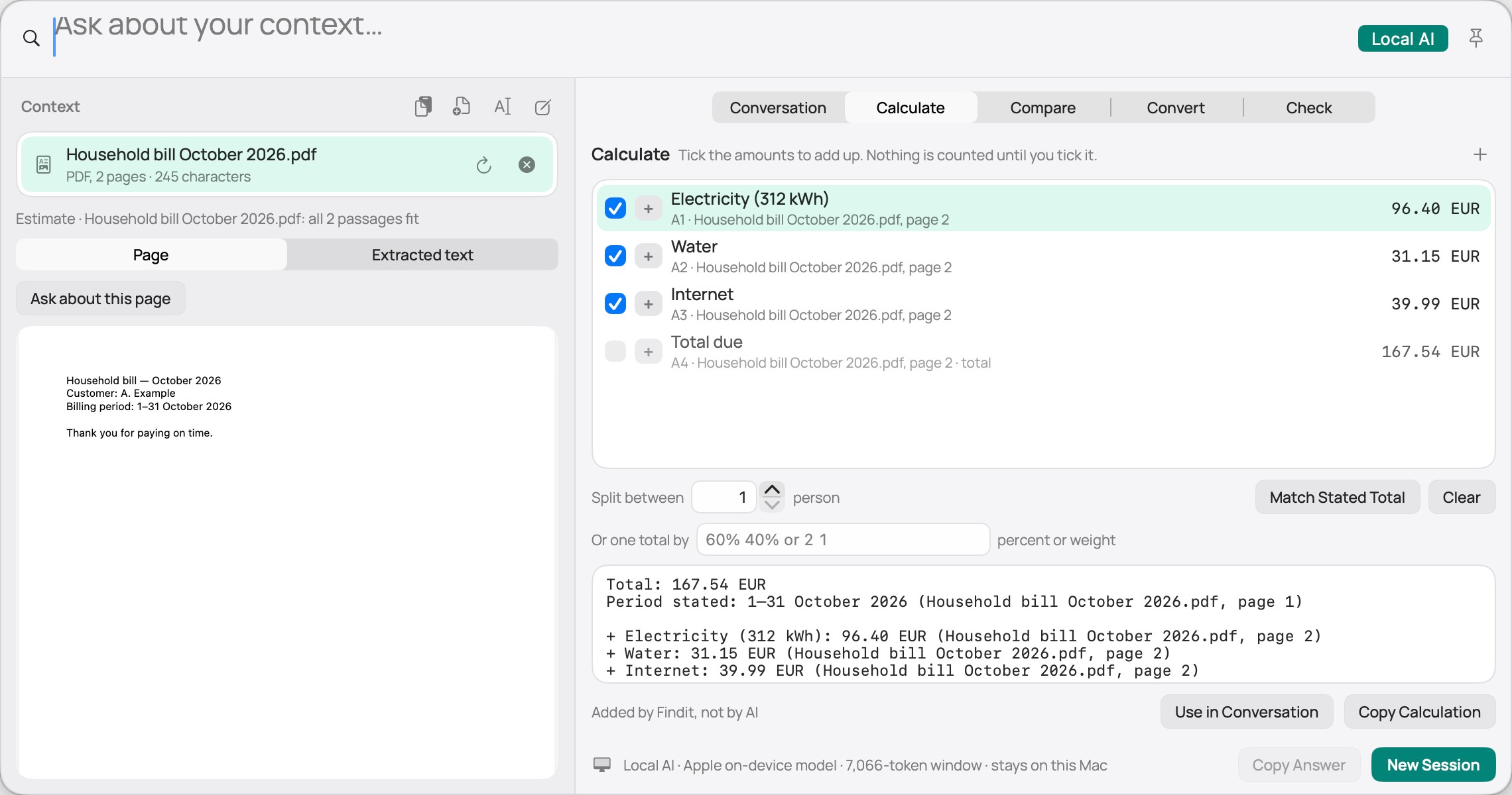 Calculate view adding ticked amounts from a bill PDF.