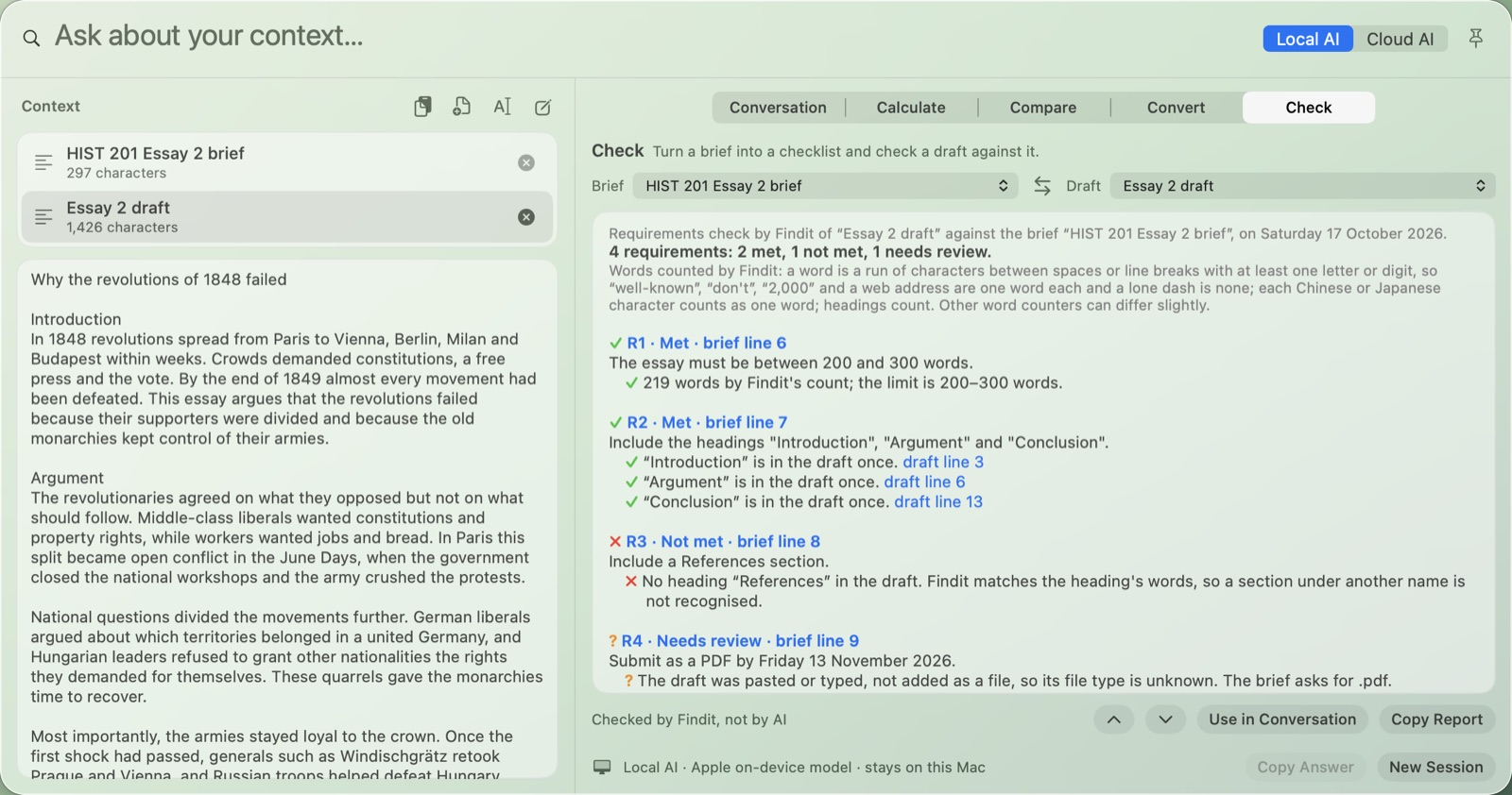 Ask Findit’s Check view comparing an essay draft with a history assignment brief. Requirements for word count, headings and file type are listed with Met, Not met or Needs review, each linked to the lines of the brief.