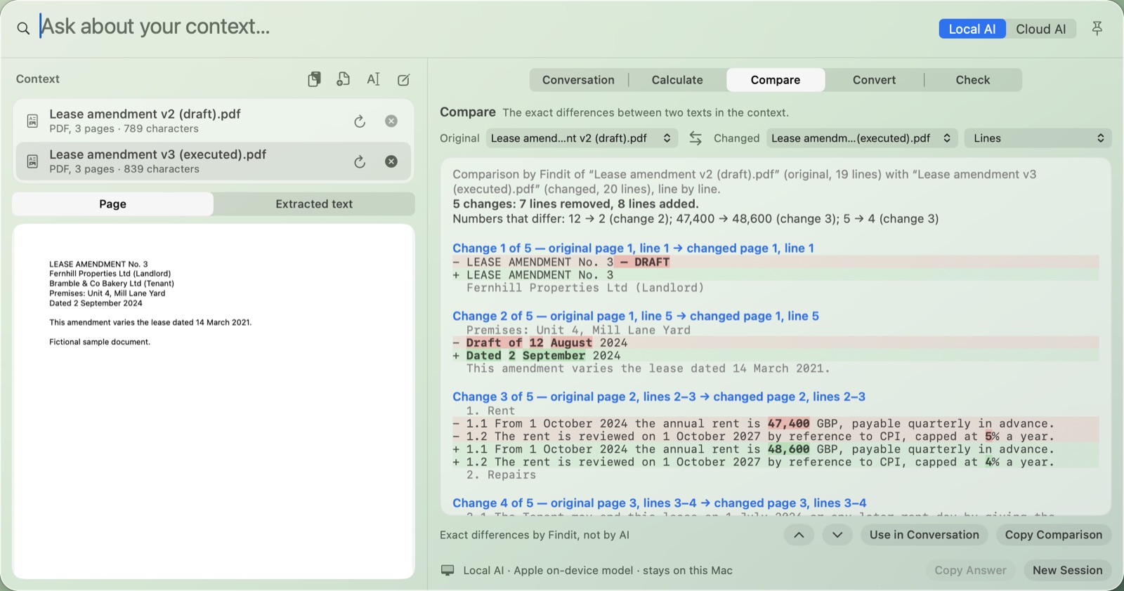 Ask Findit’s Compare view showing the differences between a draft and a final version of a document: changed amounts and words are highlighted, with page numbers for both versions.