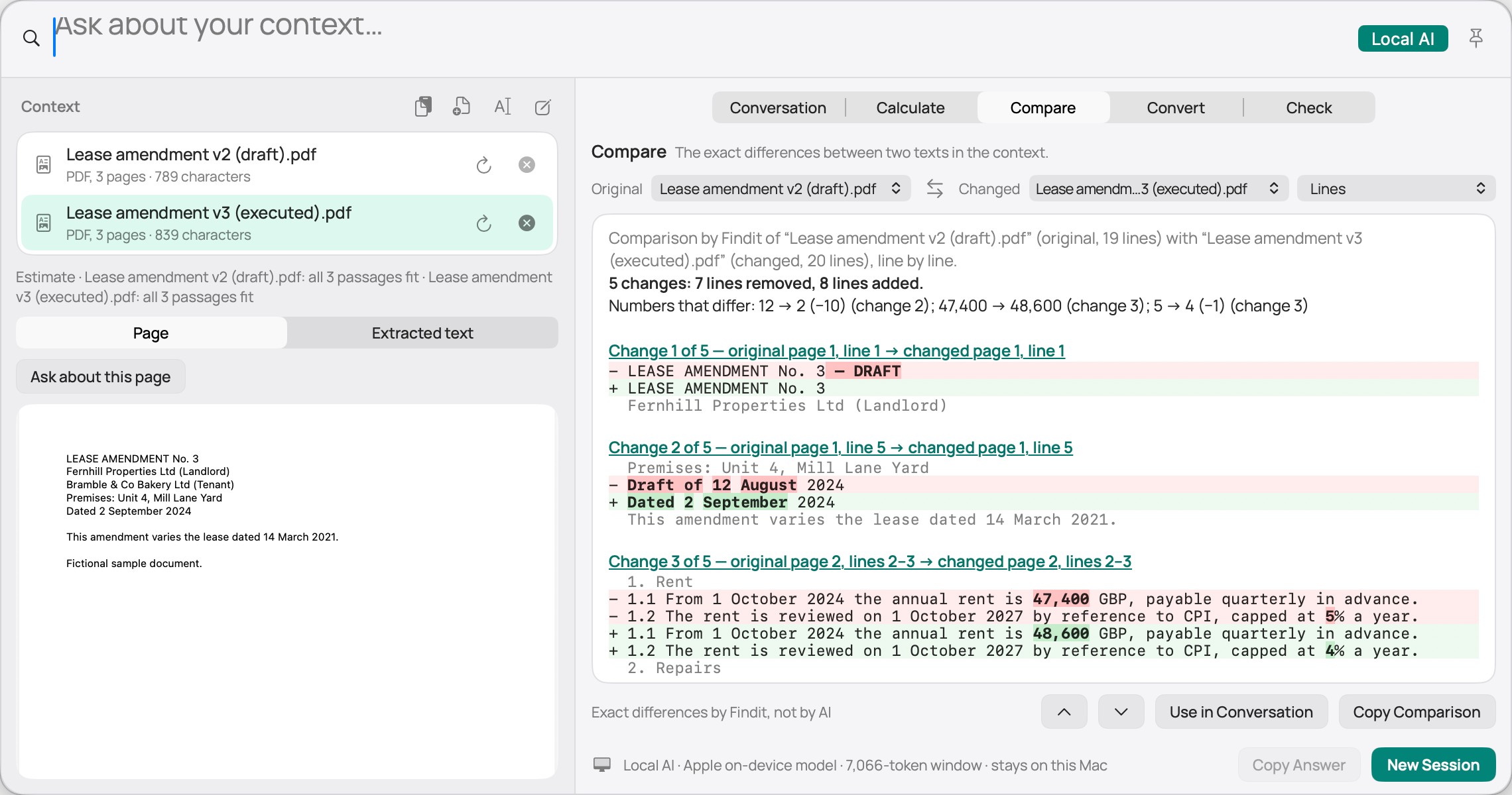 Ask Findit’s Compare view showing the differences between a draft and a final version of a document: changed amounts and words are highlighted, with page numbers for both versions.