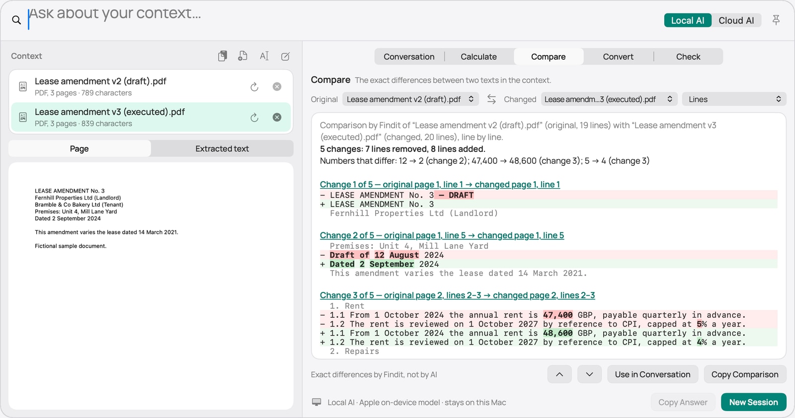 Ask Findit’s Compare view showing the differences between a draft and a final version of a document: changed amounts and words are highlighted, with page numbers for both versions.