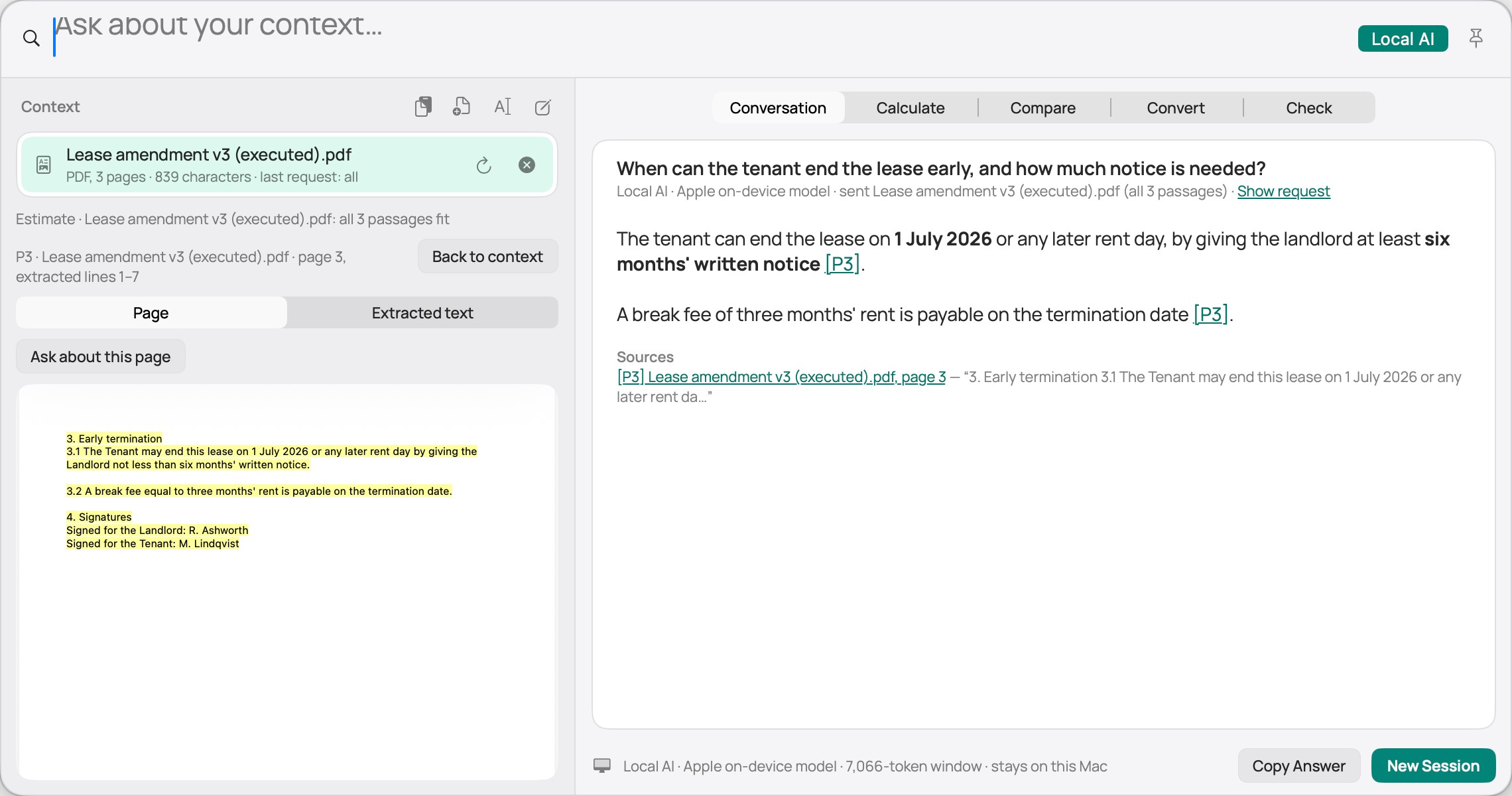 Ask Findit answering a question about a lease PDF with a citation, and the cited page shown beside the answer.