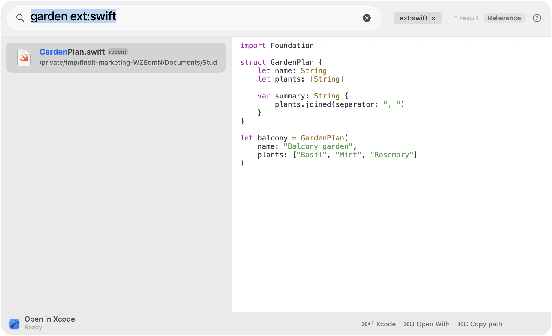 Real Findit code preview with a fictional GardenPlan Swift file and syntax highlighting.