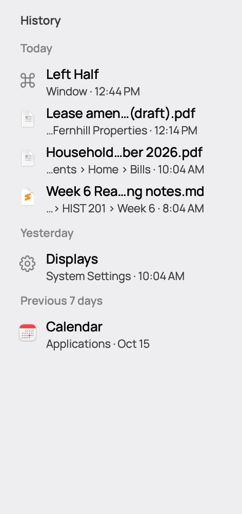 Detail of the real Findit history sidebar showing fictional files and actions grouped under Today and Yesterday.