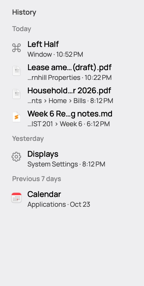Detail of the real Findit history sidebar showing fictional files and actions grouped under Today and Yesterday.