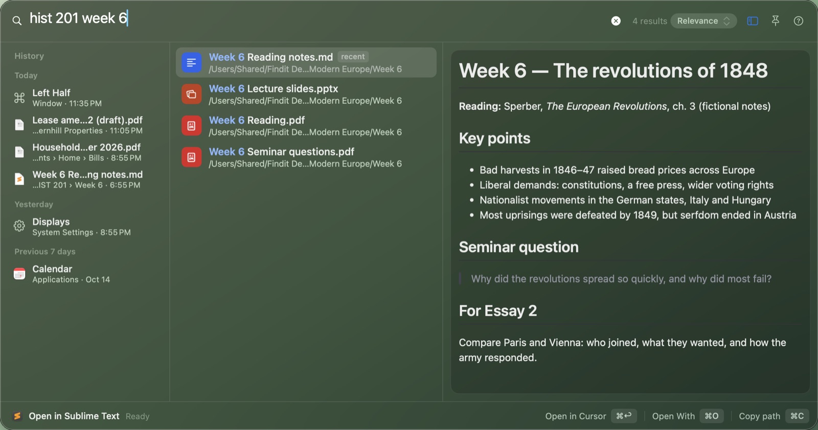 Findit in dark mode showing ‘hist 201 week 6’ with lecture notes for week 6 rendered as formatted Markdown in the preview.